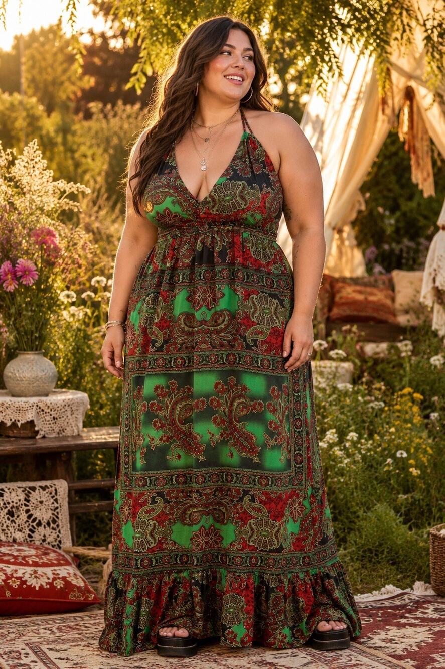 EARTHBOUND HIPPIE Halter Maxi Dress Paisley Open Back Boho Whimsigoth XXL